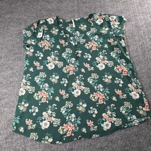 D.N.A. Couture Womens 3X Green Floral Henley Blouse Short Sleeve V-Neck Top